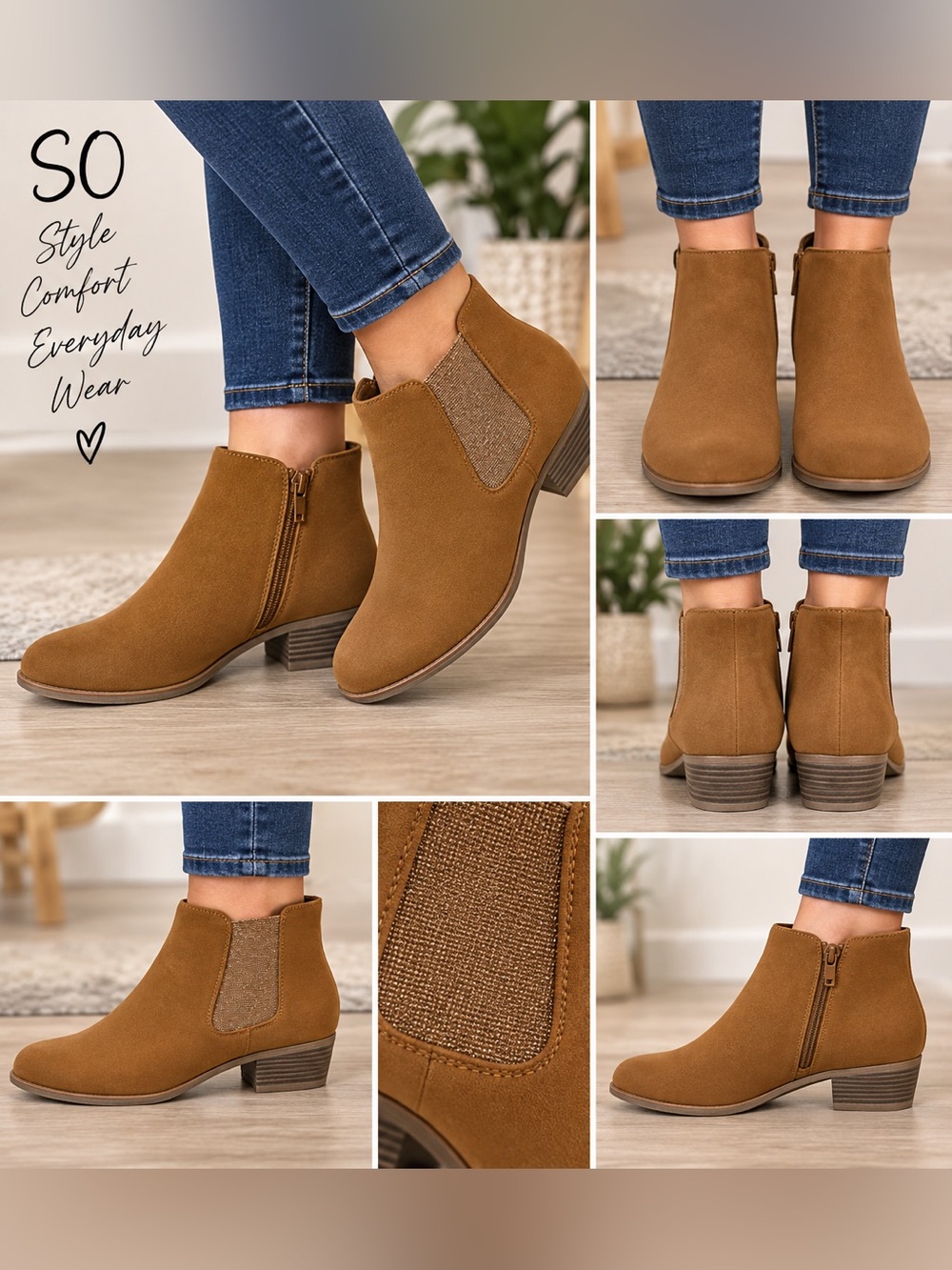 So Goods for Life Tan Cognac Suede Ankle Booties Side Zip Cutout NWT